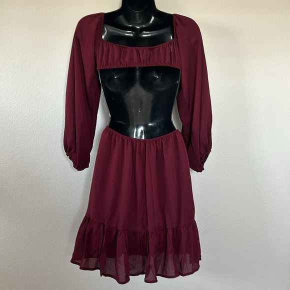 Princess Polly Natasha Maroon Burgundy Halter Cutout Balloon Sleeve Mini Dress - Picture 10 of 13